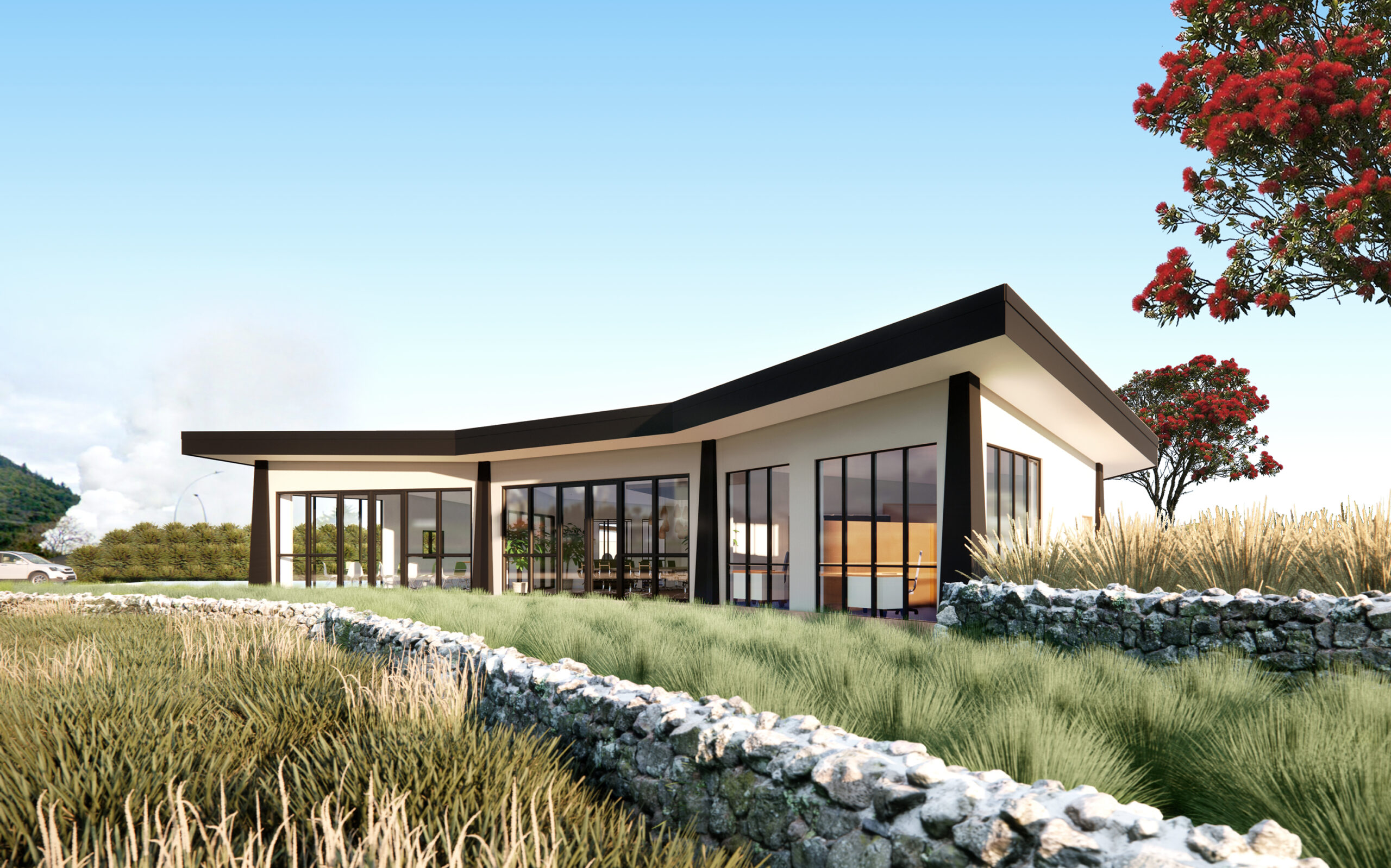 A large architecturally designed commercial office hub for a local Trust board to be developed as a place to meet and discuss all aspects of life and work in and around the township of Kawerau.